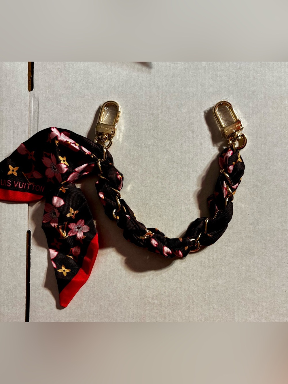 Brand New bag Charm brown & Pink Chain Scarf Strap with Gold Hardware